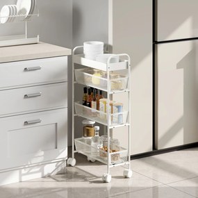 Carrinho de arrumação com 4 níveis, carrinho com Rodas, 3 cestos deslizantes, cesto superior 19 x 43,2 x 80 cm, branco