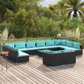vidaXL 13 pcs conjunto lounge de jardim c/ almofadões vime PE preto