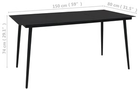 Mesa de jantar para jardim 150x80x74 cm aço e vidro preto