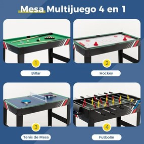 Mesa multi-jogo 4 em 1 Mesa de futebol de mesa 4 em 1 125 cm com bilhar, hóquei no ar e ténis de mesa com acessórios