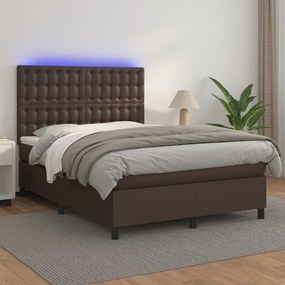vidaXL Cama box spring c/ colchão/LED 140x190 cm couro artif. castanho