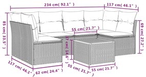 7 pcs conjunto sofás p/ jardim c/ almofadões vime PE cinzento