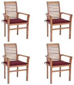 Cadeiras jantar 4 pcs c/ almofadões vermelho tinto teca maciça