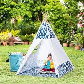 Tenda Tipi para Crianças acima de 3 Anos Tenda Infantil de Madeira Portátil com Janela Almofada e Bolsa de Transporte para Interiores e Exteriores 120x120x155cm Azul