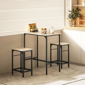 Conjunto de mesa de bar com 2 bancos, estrutura em aço para cozinha, sala de jantar e sala de estar, com efeito de madeira natural