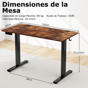 Secretária eléctrica de escritório com tampo de mesa 4 funções de memória 2 ganchos de suspensão 120 x 60 x 73-122 cm Castanho