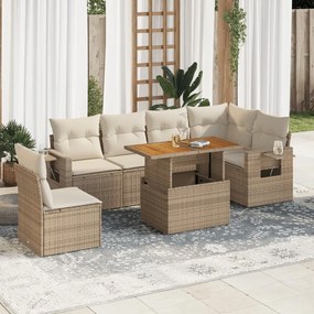 7 pcs conjunto de sofás p/ jardim com almofadões vime PE bege