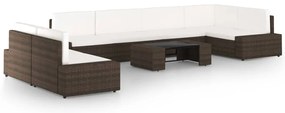8 pcs conjunto lounge p/ jardim c/ almofadões vime PE castanho