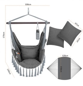 Cadeira suspensa 170x100x150cm com almofadas antracite