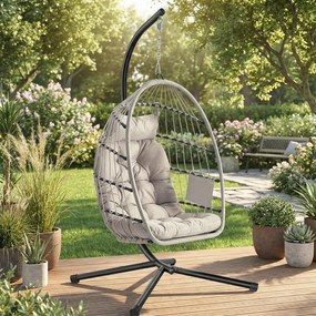Cadeira de baloiço com estrutura, cadeira de vime dobrável e ajustável em altura, baloiço suspenso para jardim ou varanda