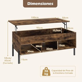 Mesa de centro 100 x 50 x 45 cm elevável com tampo ajustável, amplo compartimento oculto e 3 espaços abertos, com pés em metal Café