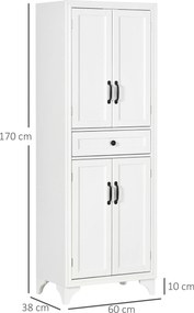 Armário alto de cozinha com 4 portas, 2 compartimentos e 1 gaveta central, altura de 170 cm, com prateleira ajustável, branco