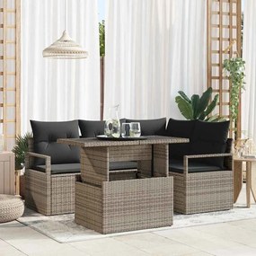 Conjunto de Sofá de Jardim de 5 Peças com Almofadas Cinza de Rattan Poliéster