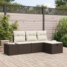 Conjunto de Sofá de Jardim com Almofadas Marrom Poli Rattan