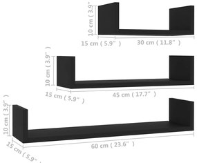 Prateleira de parede 3 pcs derivados de madeira preto