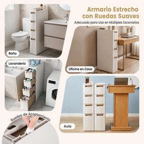 Armário de Arrumação Estreito, 45,5 x 18 x 95,5 cm, 4 Gavetas e Rodas, Bege