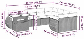 10 pcs conj. sofás jardim com almofadões vime PE cinzento-claro