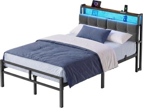 Cama de metal 120 x 200 cm com iluminação LED (COLCHÃO NÃO INCLUIDO), tomadas e espaço de arrumação, preta