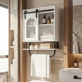 Armário de parede casa de banho 50 x 20 x 70 cm com 3 níveis, porta de correr em vidro e barra metálica Branco