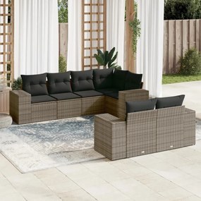 7 pcs conjunto sofás p/ jardim c/ almofadões vime PE cinzento