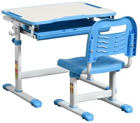 HOMCOM Secretária Infantil 2 em 1 Conjunto de Secretária e Cadeira para Crianças acima de 6 Anos com Altura Ajustável Mesa com Ângulos Regulável e Bandeja Deslizante 66x47x77cm Azul