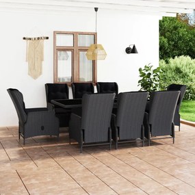 vidaXL 9 pcs conj. jantar exterior c/ almofadões vime PE cinza-escuro