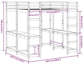 Cama alta com secretária e escada 180x200 cm pinho maciço