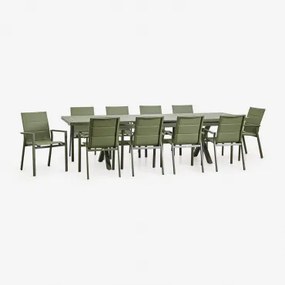 Conjunto De Mesa Retangular Extensível 240-300x100 Cm E 10 Cadeiras De Jardim Empilháveis Com Apoios De Braços Em Alumínio Karen Verde Azeitona Intens