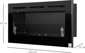 Lareira de bioetanol de parede para encastrar 102 x 16 x 43 cm, queimador de 2,8 L, cerca de 3,5 h de autonomia, cobertura de 25-30 m², preto
