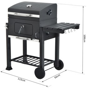 Churrasqueira Vegetal com Prateleiras de Rodas Grelha de barril Carrinho de piquenique para churrasco Camping Fumador Fumaça de Carbono 115x56x108cm