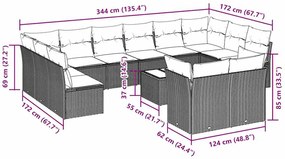 13 pcs conj. sofás jardim c/ almofadões vime PE cinzento-claro