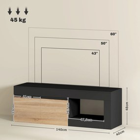 Móvel de TV 140 x 40 x 48 cm com 2 portas para televisores até 60 polegadas, com armário e prateleira aberta, preto