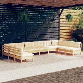 vidaXL 10 pcs conjunto lounge jardim c/ almofadões creme pinho maciço