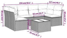 7 pcs conjunto de sofás jardim c/ almofadões vime PE castanho