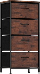 Cómoda com 4 gavetas em tecido com tampa de madeira 45 x 30 x 95 cm Puxadores fáceis de abrir e estrutura metálica Castanho Rústico + Preto