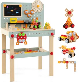 Bancada de trabalho infantil em madeira com quadro negro e conjunto de ferramentas, bancada de ferramentas para crianças com acessórios e prateleira M