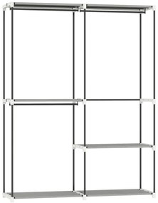 Guarda Roupa Aberto 142x43x185 cm Armário para Roupas com 4 Prateleiras de Tecido 3 Barras para Pendurar Cinzento