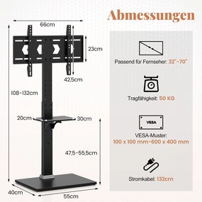 Suporte para TV de 32-70 polegadas para televisores planos e curvos de até 45 kg, pés de suporte para TV ajustáveis em altura de 108-132 cm com 2 toma