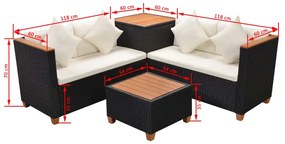 4 pcs conjunto lounge de jardim c/ almofadões vime PE preto