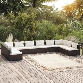 vidaXL 10 pcs conjunto lounge de jardim c/ almofadões vime PE preto