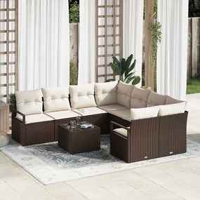 vidaXL Conjunto de Sofá para Jardim com 9 Peças e Almofadas Castanho em Polirattan