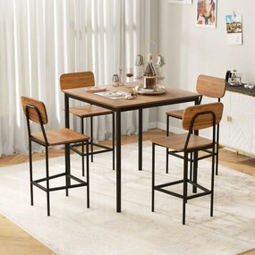 Conjunto de mesa de jantar alta e 4 cadeiras altas de 5 peças com estrutura em aço para casa ou restaurante Castanho escuro