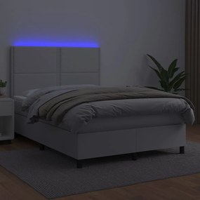 Cama box spring c/colchão/LED 140x190cm couro artificial branco