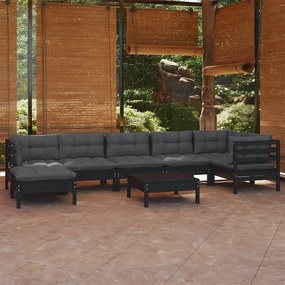 vidaXL 8 pcs conjunto lounge jardim c/ almofadões pinho maciço preto