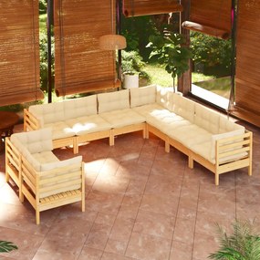 vidaXL 9 pcs conjunto lounge jardim c/ almofadões creme pinho maciço