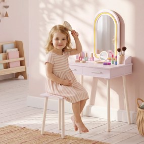 Toucador Infantil para Menina com Espelho LED de 3 Cores, Banco e 2 Gavetas, 3-8 Anos, Rosa