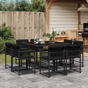 vidaXL 9 pcs conjunto de jantar p/ jardim c/ almofadões vime PE preto