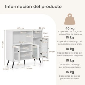 Armário para cozinha industrial com portas de vidro temperado Prateleiras ajustáveis 100 x 39,5 x 100 cm branco