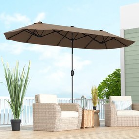 Guarda-sol duplo para jardim com base recarregável, manivela e 12 hastes de alta resistência Castanho