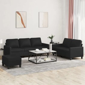 3201423 vidaXL 3 pcs conjunto de sofás com almofadões couro artificial preto